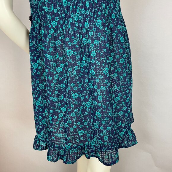 Floral Tunic Top Button-Side Shirred Sleeveless Semi-Sheer Blue Teal Pockets - Picture 11 of 11